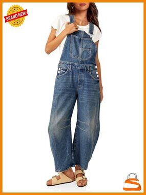 Denim Bib Overalls Barrel Leg Adjustable Strap Loose Fit Jean Jumpsuit
